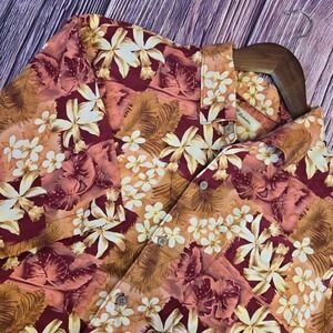 Tommy Bahama Silk Button Down Shirt Mens XL Burgundy Orange Tropical Floral Palm
